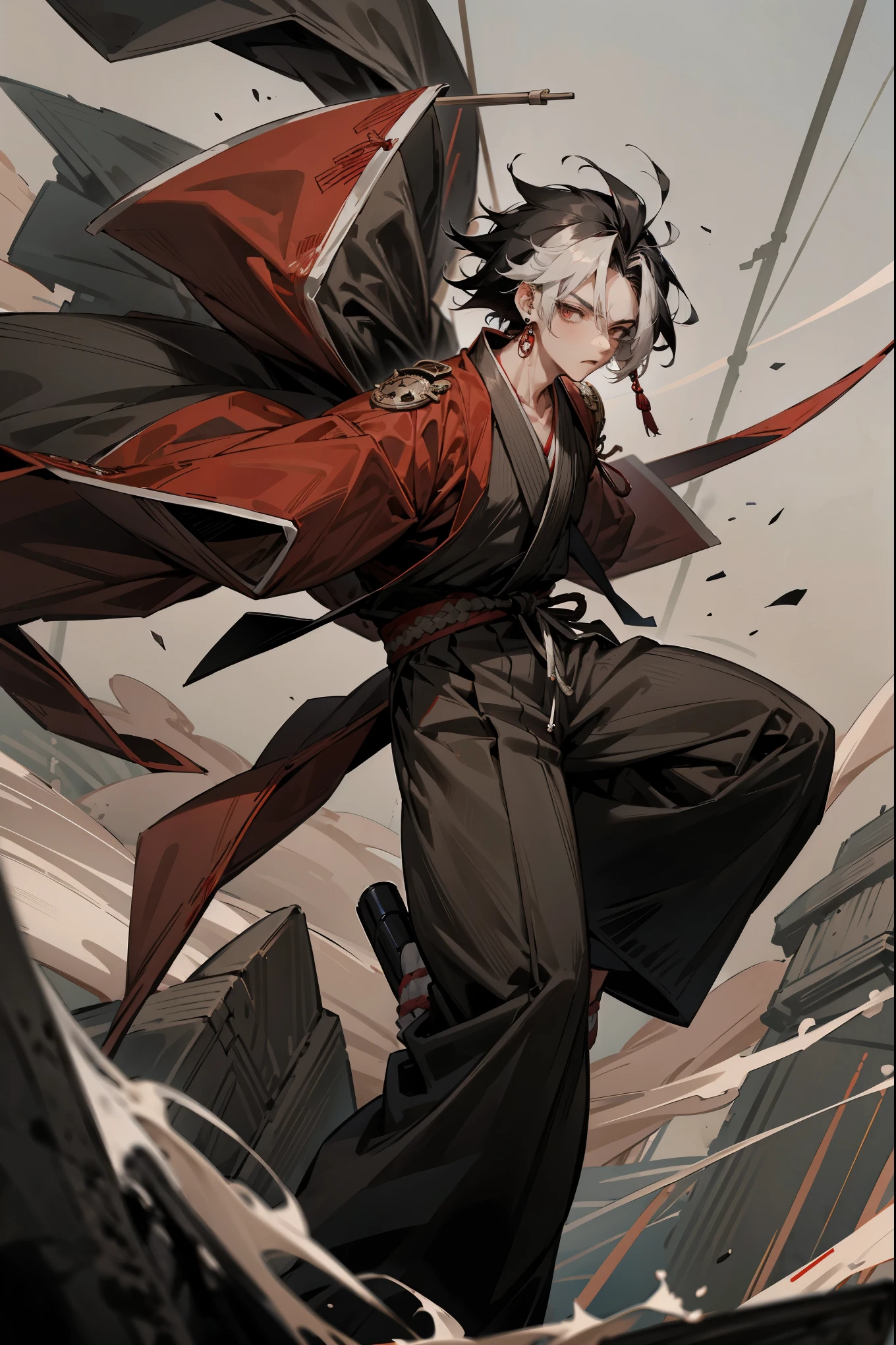 1male, Adult, Two-Toned Hair, White and Black Hair, Messy Hair, Short Hair, Large Ear Rings, Red Martial Arts Clothing, Black Baggy Pants, Red Haori, Grey Sash, Pirate Ship