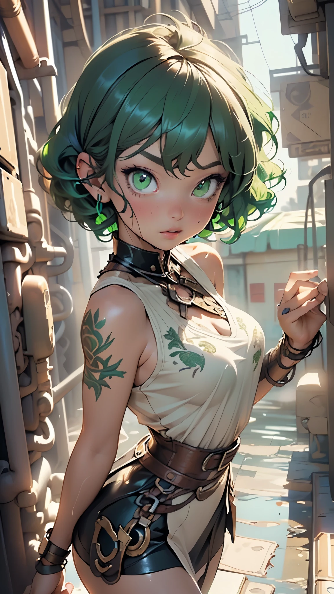 girl youtuber,(((1girl))),((extremely cute and beautiful green curly-haired girl)),

(short breasts:1.4),big butt,(((green curly hair:1.35,very curly hair,colored inner hair,ear breathing,short hair))),(((green_eyes:1.3))),intricate eyes,beautiful detailed eyes,symmetrical eyes,big eyes:1.3,((fat)),(((lustrous skin:1.5,bright skin: 1.5,skin tanned, lluminated skin))),detailed body,(detailed face),

cute,slutty,seductive,erotic,(((nsfw))),

(sexy lingerie),two-pieces lingerie,((cleavage)),(semi-naked,with little clothing),((tiny thong,thong intricate)),((tiny bra, bra intricate, bra with an anime art print)),(((intricate outfit,intricate clothes))),

Background of a cluttered untidy teenagers bedroom.

(dynamic pose:1.0),embarrassed,(centered,scale to fit dimensions,Rule of thirds),

(girl's room,cute bedroom,Nice room,messy room, bedroom, in his room, in an attic, Chaotic teenage bedroom, messy bedroom),scenery:1.25,((intricate scenery)),
