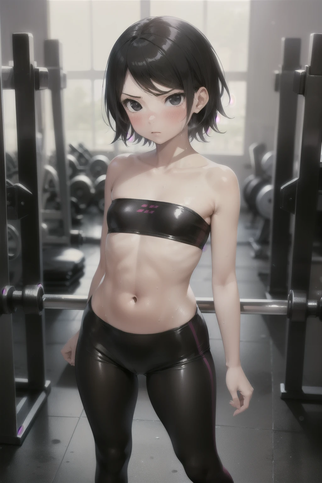 Anime style, 1 girl  , young girl , childshi  body ,solo , short hair ,angry  face , blush  , sweat , flat chest , red tube top , black leggings tight,  gym , sexy . Standing 