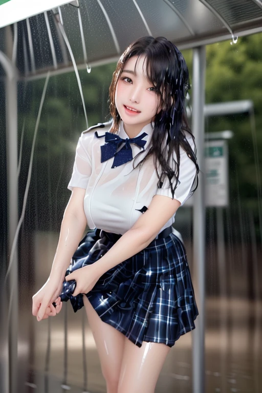 Japanese girl、Girls in their 20s、Perfect figure、Transparency、Very huge boobs bigger than a face:1.75、Navy Blue Skirt、purple dress shirt、Gravure idol pose、Shiny thighs、The whole body is wet with a lot of semen、The whole body is wet with a lot of semen