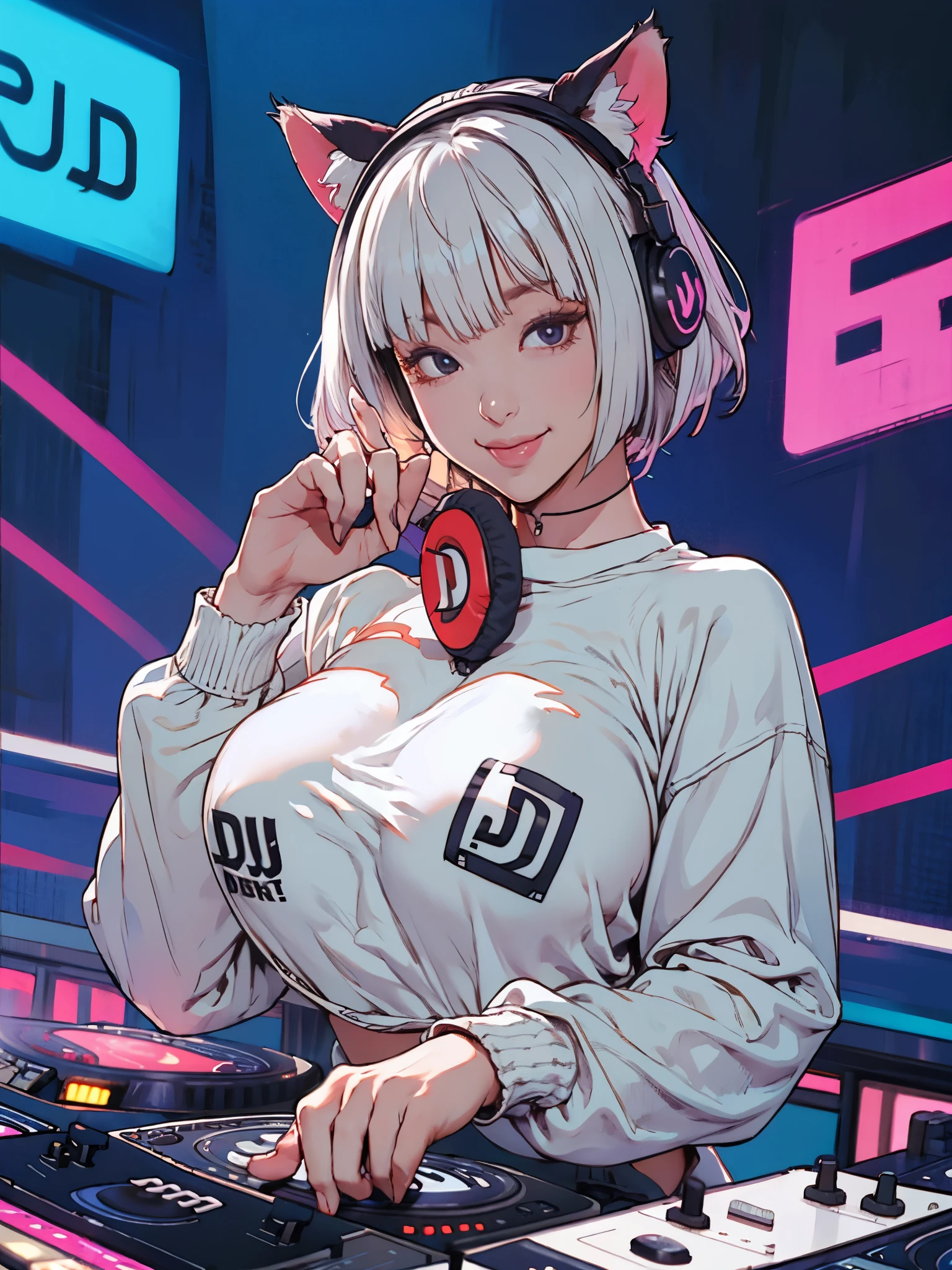 girl, (huge breasts:1.2), headphone, white bob hair, blunt bangs, cat ears, looking at viewer, smile, closed mouth, long sleeve shirt, frills briefs, fishnet, (dj set:1.4), shoji, tattoo,