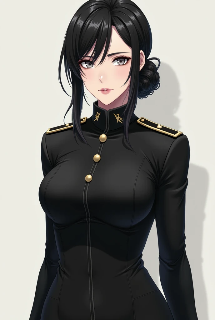 1 lady, prison guard, black uniform, looking down, dominately
