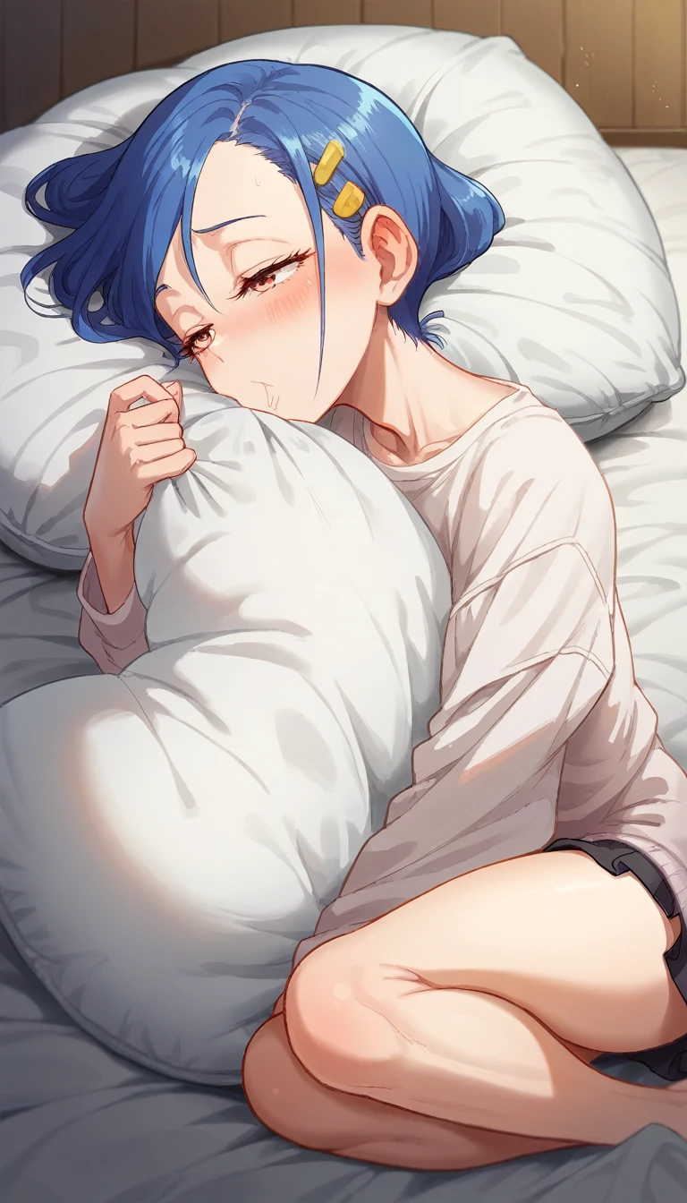 ((Best quality)), ((masterpiece)), (detailed), perfect face,  boy, Shy, 12 yirtless, in very short white clingy panties, White hair and blue eyes, very thin, Lying in bed, back view, you can see your butt