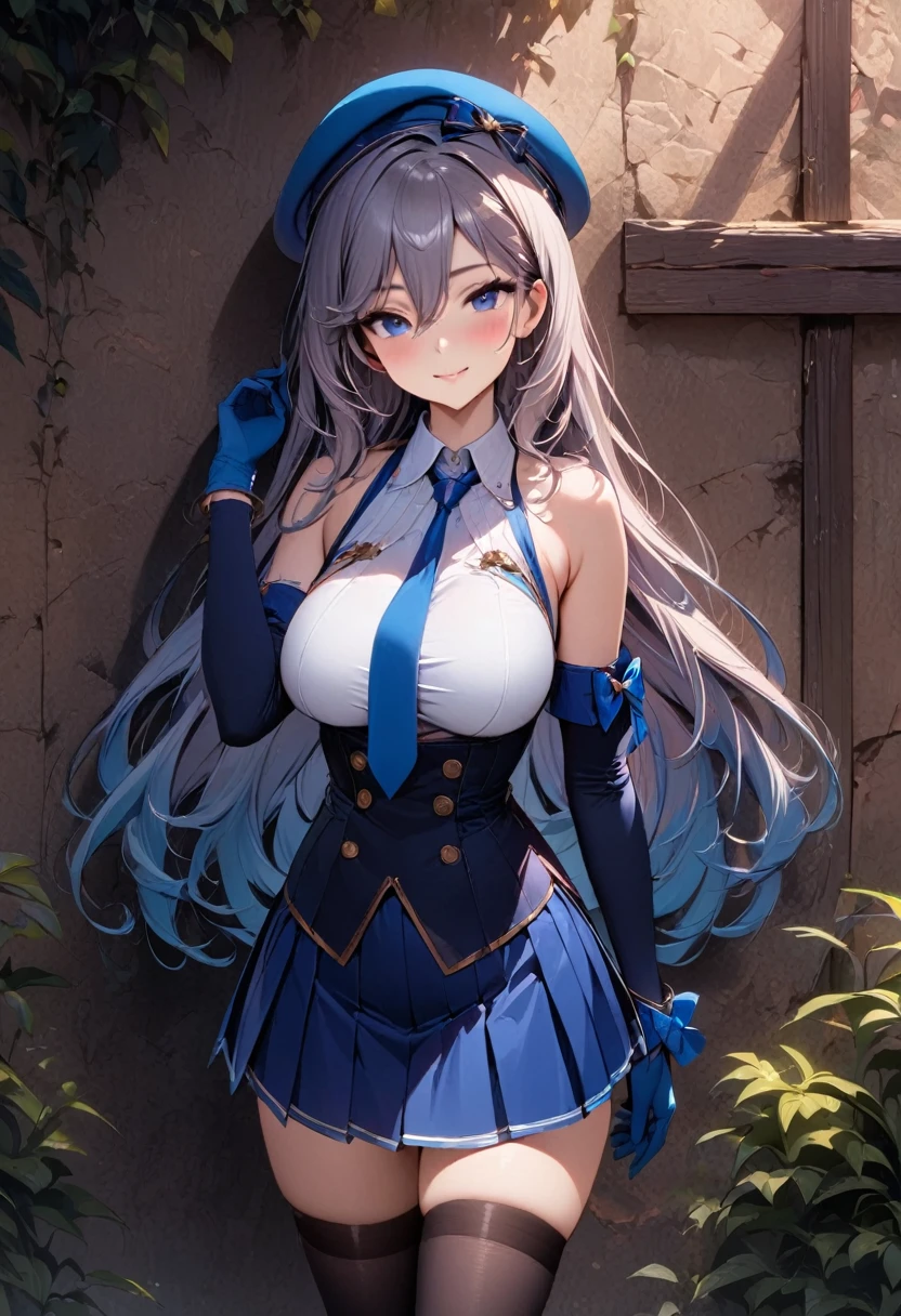 young girl, Long white hair, cat ears, cat tail, blue eyes, Blue luxurious tight dress, ssmile, Masterpiece, hiquality
