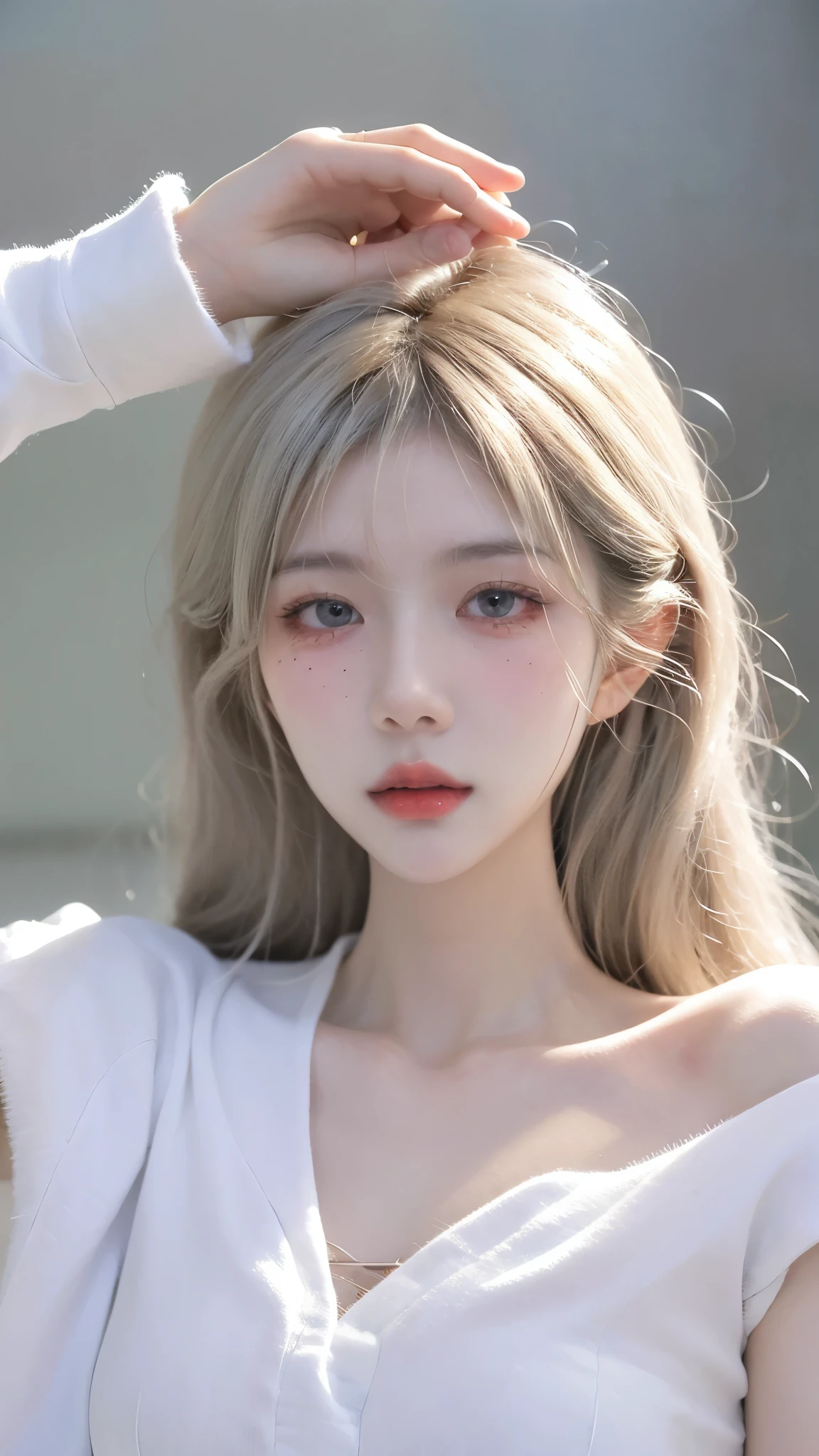 Sunlight,The upper part of the body, 8K、realphoto、超A high resolution, Master Parts, Best Quality, nffsw , cinematic images,Lovely girl、ann、sixteen years old、Anglo-Saxon、二重まぶた、drooing eyes、Green eyes、(Big eyes:1.7)、eye shadow、 ighly detailed , Detailed silver hair、Straight short hair、ssmile、 Sweet look 、A little embarrassing、very thin lips ,Beautiful nose、(long snout,:1.5)、(the nostrils are very small:1.5)、the tips of the flowers are small、a very beautiful woman、Very clear shadows , jewely , shiny skins , Perfect Brilliant, Perfect Lighting,