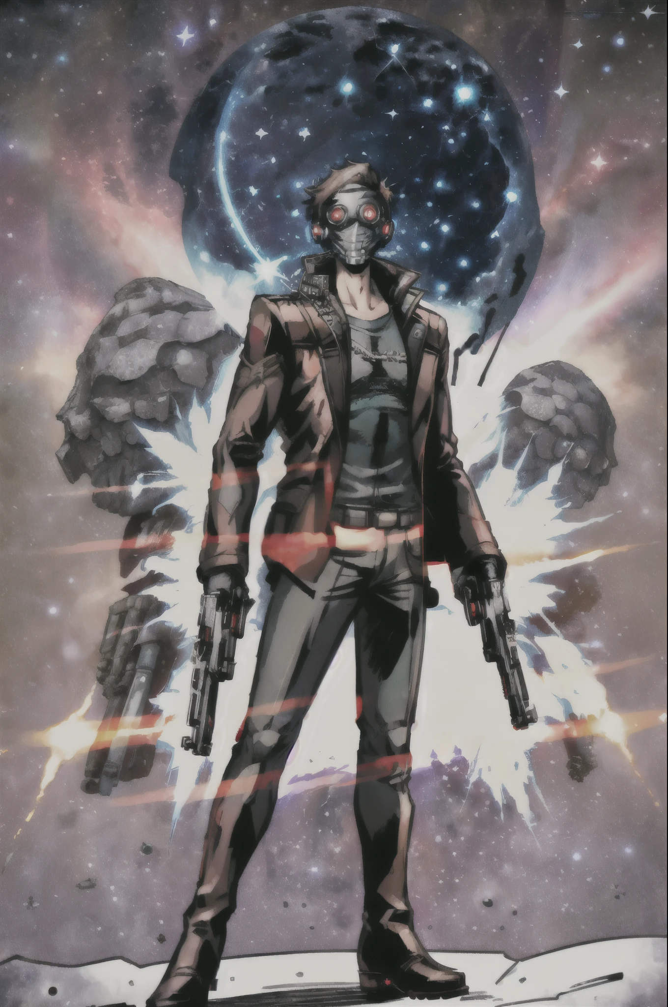 Star_Lord, solo, red eyes, gloves, 1boy, weapon, male focus, boots, coat, gun, mask, glowing, star (sky), holding gun, handgun, science fiction, space, planet, trench coat, energy gun 