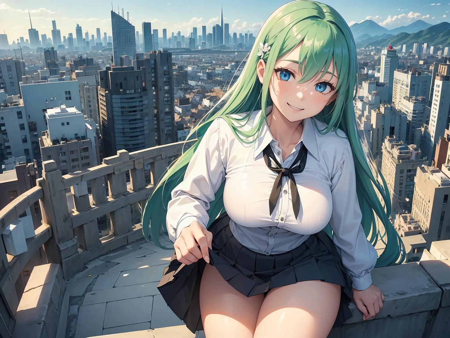 (Girl), (anime), (young), (pretty), (hot), (white), (height 1.72 cm), (long green hair and green eyes), (21 years old), (super mature body ),(with giant breasts with a bust of 1050cm),(big ass),(wearing),+(A Christmas style sexual dress showing the shoulders and falling showing the piggy bank in the middle of the breasts, a super short sensual skirt going up to the thighs )