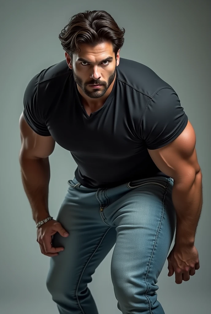 Tall Man, muscular, white tank top, black hair, short hair, black eyes, X-shaped scar on left cheek, short beard and mustache, pale, black pants, black shoes.