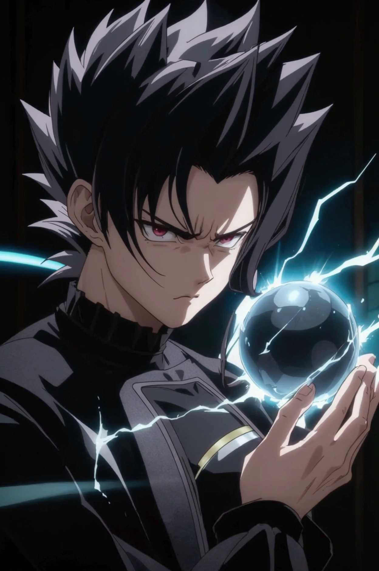 Seeing of the right, adult male, a character up to the waist, holding a black dark sphere of energy with white lightning parts like a lightning bolt illuminating around the sphere and in the middle of it, as if it were destroying the sphere and dodging, but it was just the aesthetics of power, white lightning after the character body, in a black background scenario, he holds it with his right hand and he was looking at it in admiration of his power, observing with superiority. Hair like Vegeta's going up and also like Sasuke's with bangs falling from the top to the chin area, Sasuke hairstyle, hair is very spike, spread upwards, sideways and downwards in the side and top, his hair is very high and voluminous on top like Vegeta's and has very wide bangs down and on the sides like Sasuke's, black eyes, black hair, stylish hair, black clothes mixed with Demon Slayer corp's outfit, very stylish outfit, cool outfit, going up to his wrists, being tight and closed in the beginning of the neck like Demon Slayer corp's outif, ultra professional anime art, cinematic lighting, god rays, drop shadow, ray tracing, glowing light, sparkle, anime, anime style, best quality, high quality, high details, super detail, textured skin, highres, 1080P, anatomically correct, accurate, masterpiece, retina, UHD