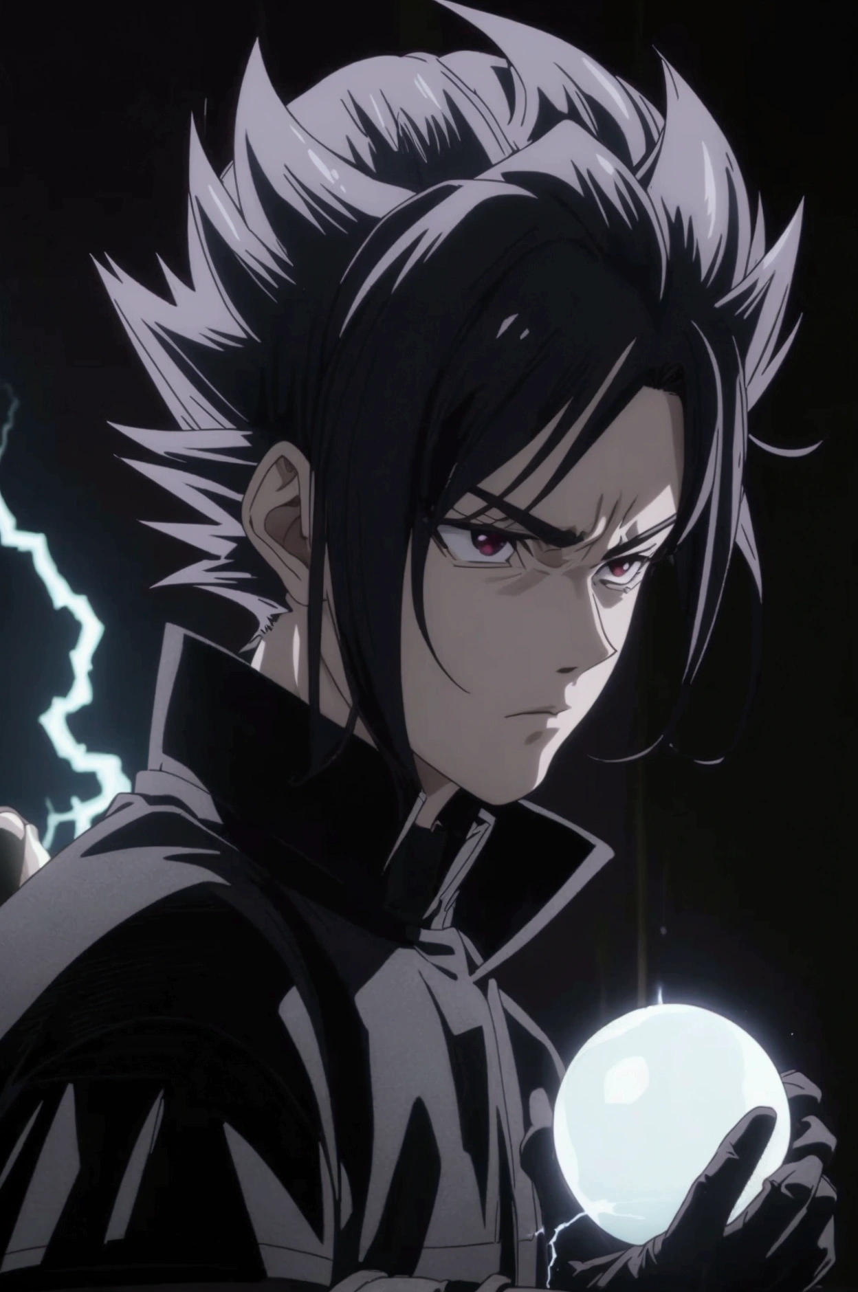 Seeing of the right, adult male, a character up to the waist, holding a black dark sphere of energy with white lightning parts like a lightning bolt illuminating around the sphere and in the middle of it, as if it were destroying the sphere and dodging, but it was just the aesthetics of power, white lightning after the character body, in a black background scenario, he holds it with his right hand and he was looking at it in admiration of his power, observing with superiority. Hair like Vegeta's going up and also like Sasuke's with bangs falling from the top to the chin area, Sasuke hairstyle, hair is very spike, spread upwards, sideways and downwards in the side and top, his hair is very high and voluminous on top like Vegeta's and has very wide bangs down and on the sides like Sasuke's, black eyes, black hair, stylish hair, black clothes mixed with Demon Slayer corp's outfit, very stylish outfit, cool outfit, going up to his wrists, being tight and closed in the beginning of the neck like Demon Slayer corp's outif, ultra professional anime art, cinematic lighting, god rays, drop shadow, ray tracing, glowing light, sparkle, anime, anime style, best quality, high quality, high details, super detail, textured skin, highres, 1080P, anatomically correct, accurate, masterpiece, retina, UHD