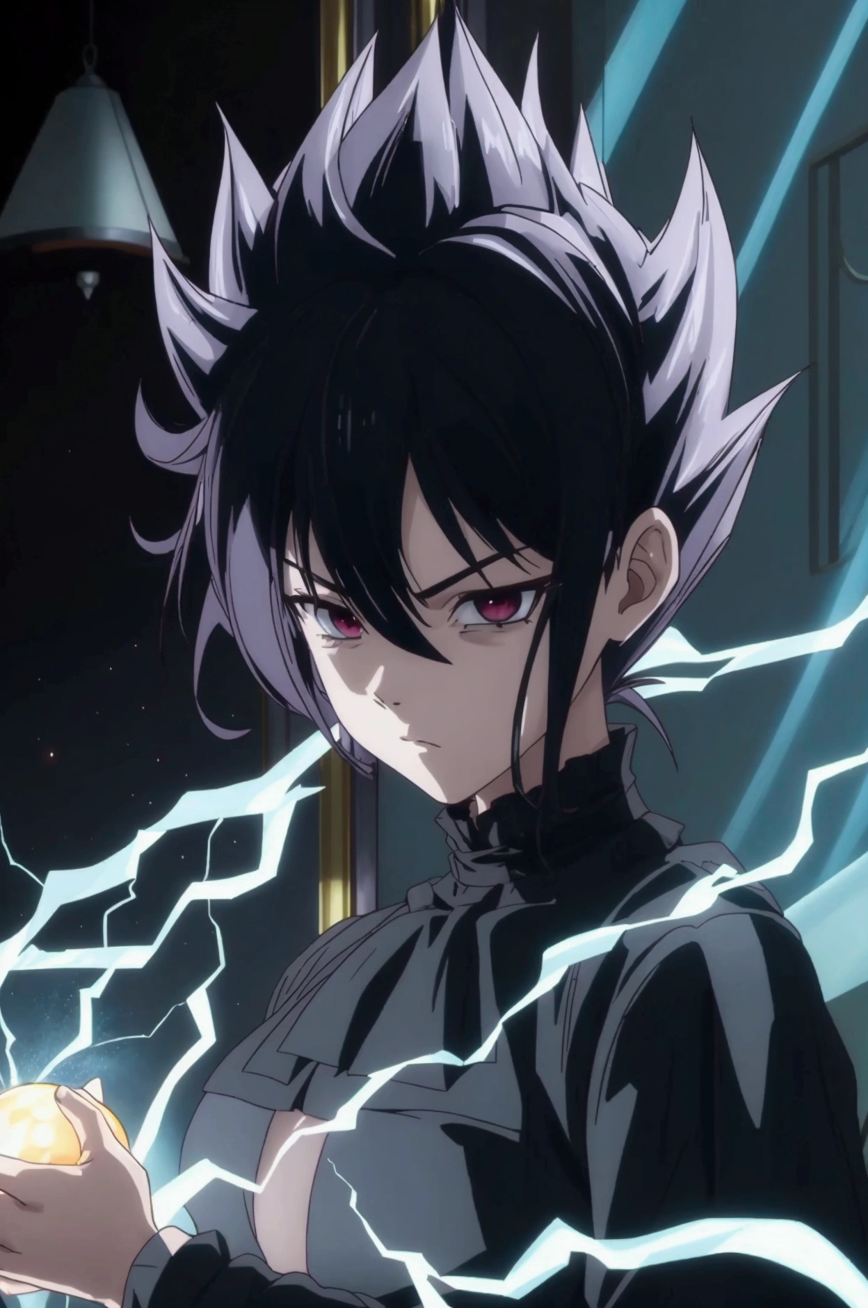 Seeing of the right, adult male, a character up to the waist, holding a black dark sphere of energy with white lightning parts like a lightning bolt illuminating around the sphere and in the middle of it, as if it were destroying the sphere and dodging, but it was just the aesthetics of power, white lightning after the character body, in a black background scenario, he holds it with his right hand and he was looking at it in admiration of his power, observing with superiority. Hair like Vegeta's going up and also like Sasuke's with bangs falling from the top to the chin area, Sasuke hairstyle, hair is very spike, spread upwards, sideways and downwards in the side and top, his hair is very high and voluminous on top like Vegeta's and has very wide bangs down and on the sides like Sasuke's, black eyes, black hair, stylish hair, black clothes mixed with Demon Slayer corp's outfit, very stylish outfit, cool outfit, going up to his wrists, being tight and closed in the beginning of the neck like Demon Slayer corp's outif, ultra professional anime art, cinematic lighting, god rays, drop shadow, ray tracing, glowing light, sparkle, anime, anime style, best quality, high quality, high details, super detail, textured skin, highres, 1080P, anatomically correct, accurate, masterpiece, retina, UHD