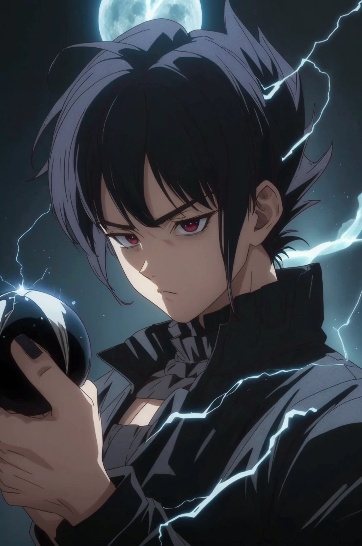 Seeing of the right, adult male, a character up to the waist, holding a black dark sphere of energy with white lightning parts like a lightning bolt illuminating around the sphere and in the middle of it, as if it were destroying the sphere and dodging, but it was just the aesthetics of power, white lightning after the character body, in a black background scenario, he holds it with his right hand and he was looking at it in admiration of his power, observing with superiority. Hair like Vegeta's going up and also like Sasuke's with bangs falling from the top to the chin area, Sasuke hairstyle, hair is very spike, spread upwards, sideways and downwards in the side and top, his hair is very high and voluminous on top like Vegeta's and has very wide bangs down and on the sides like Sasuke's, black eyes, black hair, stylish hair, black clothes mixed with Demon Slayer corp's outfit, very stylish outfit, cool outfit, going up to his wrists, being tight and closed in the beginning of the neck like Demon Slayer corp's outif, ultra professional anime art, cinematic lighting, god rays, drop shadow, ray tracing, glowing light, sparkle, anime, anime style, best quality, high quality, high details, super detail, textured skin, highres, 1080P, anatomically correct, accurate, masterpiece, retina, UHD