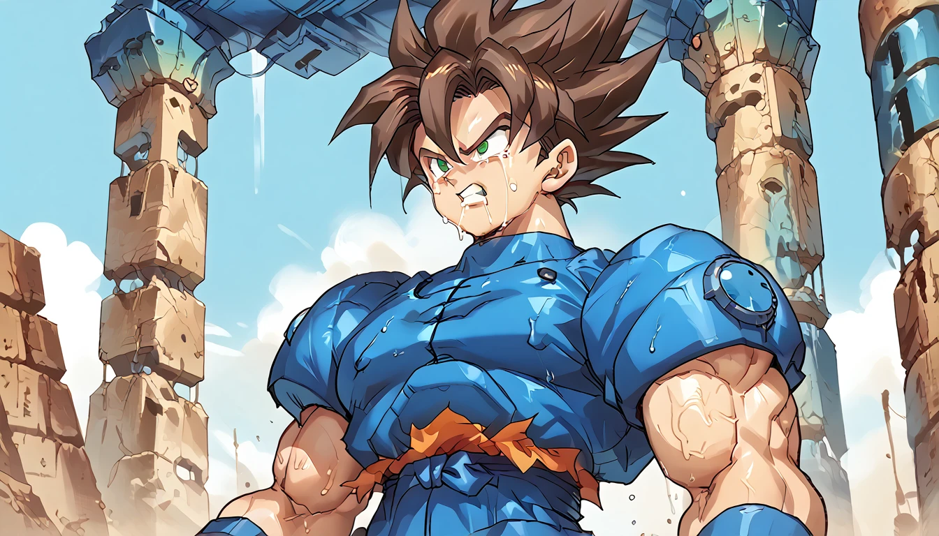 Highest quality,RAW Photos,Professional Art Works,m3g4m4n,Blue Armor,Muscular,Brown Hair, boy,male focus, brown hair, green eyes, Alone, android, hair between eyes,Ancient ruins with floating red and green crystals,Crying face,(((Huge muscles,Huge erect penis,Have sex))),Excessive sweating and drooling,Massive ,3boys,Super Saiyan