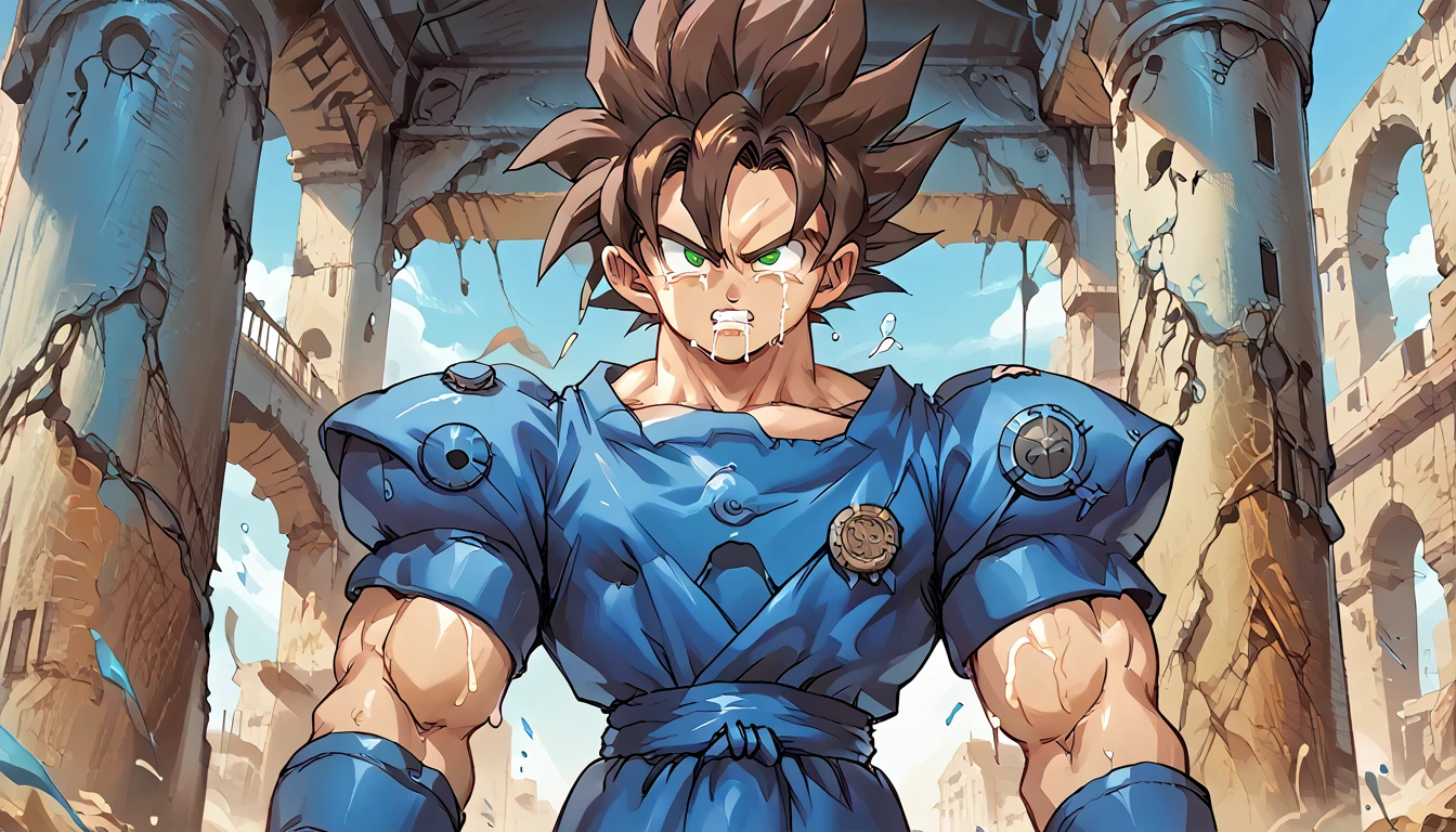 Highest quality,RAW Photos,Professional Art Works,m3g4m4n,Blue Armor,Muscular,Brown Hair, boy,male focus, brown hair, green eyes, Alone, android, hair between eyes,Ancient ruins with floating red and green crystals,Crying face,(((Huge muscles,Huge erect penis,Have sex))),Excessive sweating and drooling,Massive ,3boys,Super Saiyan