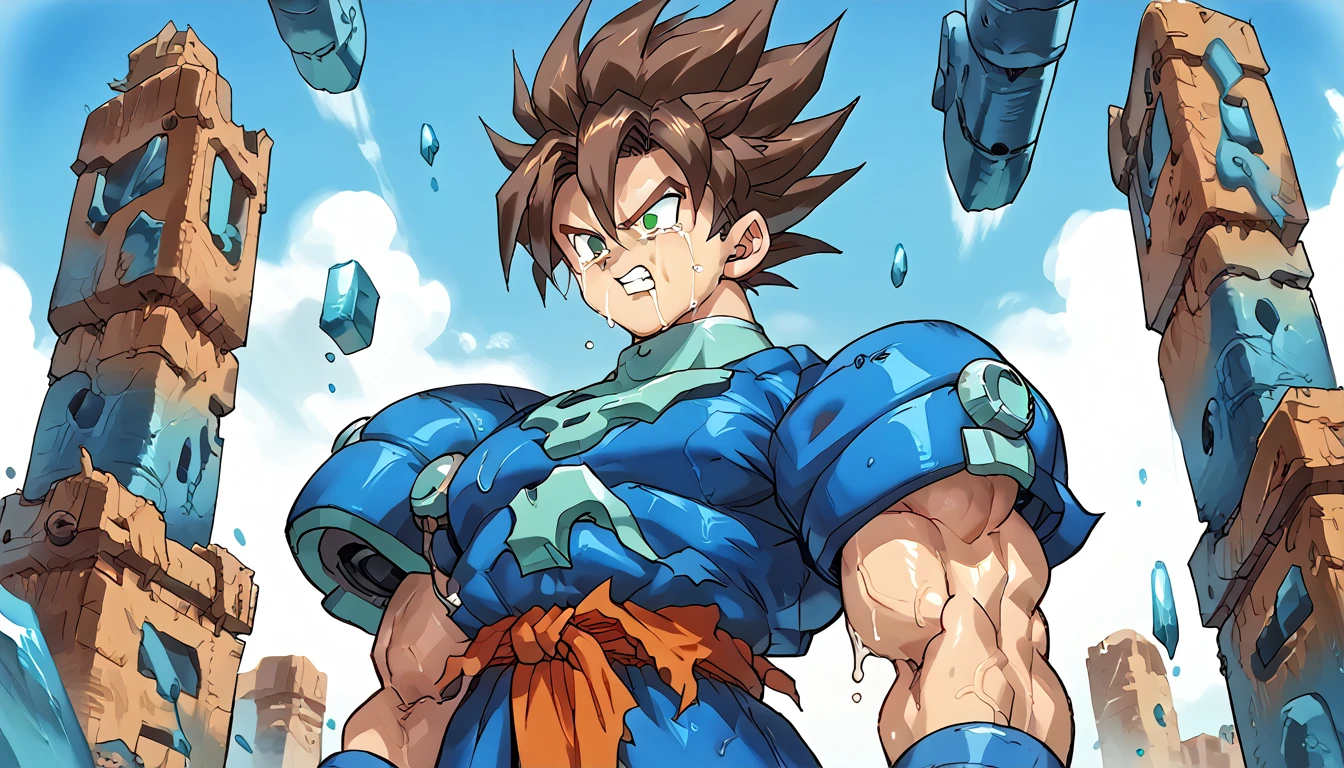 Highest quality,RAW Photos,Professional Art Works,m3g4m4n,Blue Armor,Muscular,Brown Hair, boy,male focus, brown hair, green eyes, Alone, android, hair between eyes,Ancient ruins with floating red and green crystals,Crying face,(((Huge muscles,Huge erect penis,Have sex))),Excessive sweating and drooling,Massive ,3boys,Super Saiyan