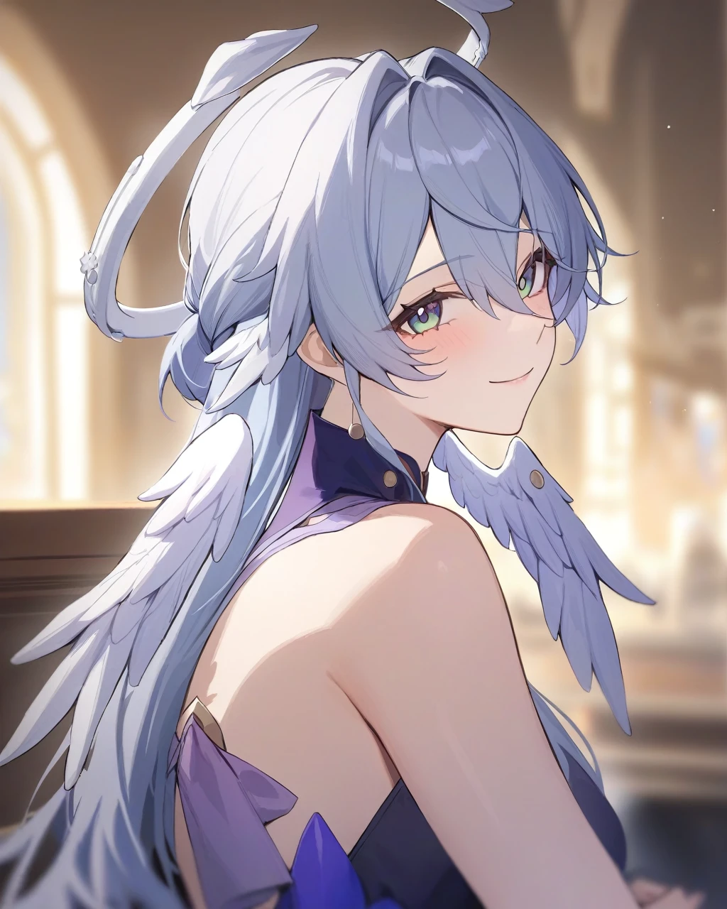 masterpiece,best quality,robin_(honkai:_star_rail), head_wings, angel, virtual_youtuber, 1girl, white_wings, looking_at_viewer, halo, wings, upper_body, solo, from_side, blurry_background, closed_mouth, dress, bare_shoulders, smile,Cross your legs,