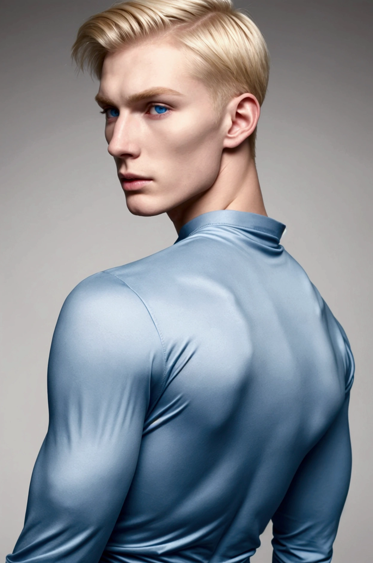 Create a young man with pale skin, serious with a very marked jaw and pronounced cheekbones. His body is athletic and he has a broad back as well as his shoulders.. Her hair is blonde and her eyes are blue. He has a long-sleeved shirt

