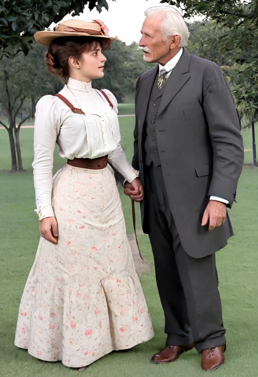 A gorgeous **** Gibson Girl (((groped from behind by a horny 69yo gentleman))) in a park. Year 1902. (((1900_dr3ss))). Short girl with an hourglass figure wearing an elegant Edwardian outfit consisting of a high-collar long sleeve shirtwaist, long skirt and a flower-brimmed hat, large tits, wasp waist, massive ass. Man wearing a three-piece suit. (((Young girl and old man. Man taller than girl)))