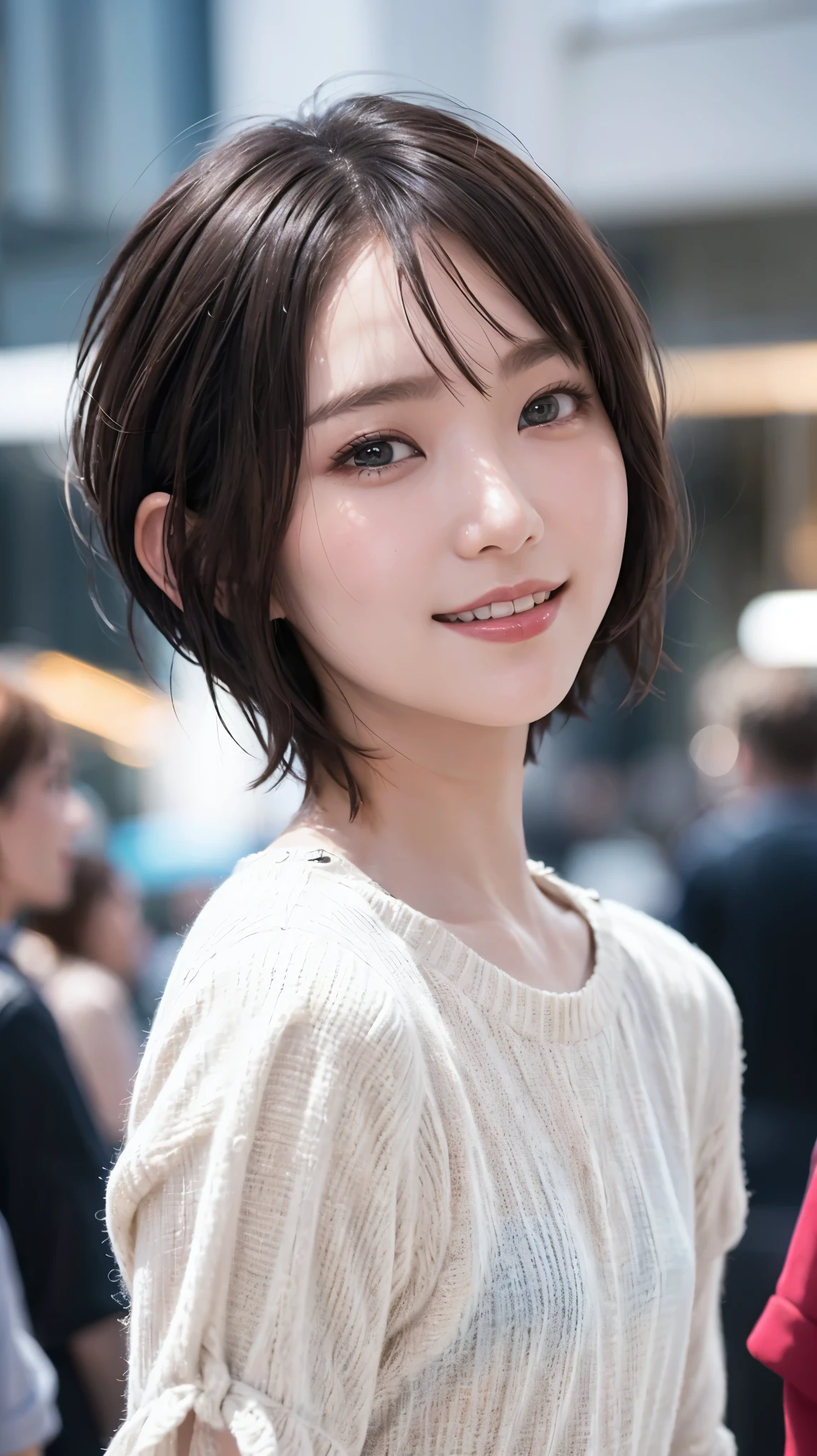 masterpiece, Best Quality, Highest quality, beautiful girl, Cute Face, 8k, Official Art, RAW Photos, When you go out in the city during the hot season, please wear cool clothes., (Asymmetrical Short Hair+Short cut:1.3), , Face Light, Film Grain, chromatic aberration, Sharp focus, Please give me your gaze, Very happy smile, Show me your little teeth, Dynamic Lighting, Cinema Lighting, ID photo, Photo of your face, Upward glance, Staring at the audience