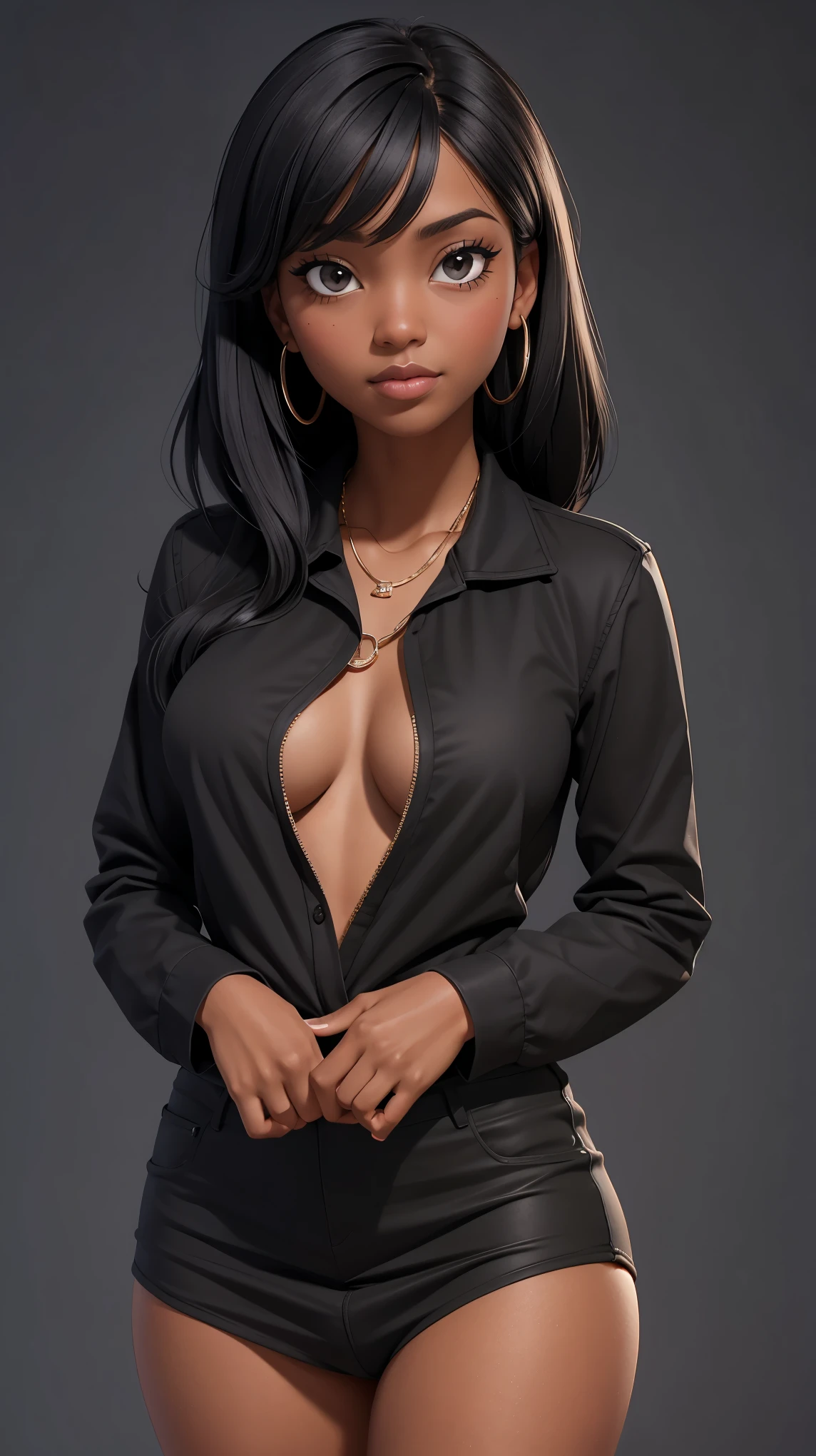 Twenty-five year old woman. Dark skin, she wears black power hair. Black eyes.