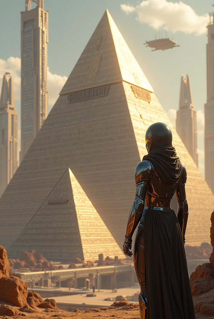 Create a 4K, hyper-realistic image of the ruins of an ancient alien temple on a desolate planet. The architecture combines alien design with elements of ancient Earth civilizations, such as towering statues and intricate carvings. The scene is lit by distant stars and glowing alien flora. A lone figure, possibly the tormented warrior, stands in contemplation among the ruins. Focus on the contrast between ancient and futuristic elements, detailed textures of stone and metal, and the eerie, mysterious atmosphere