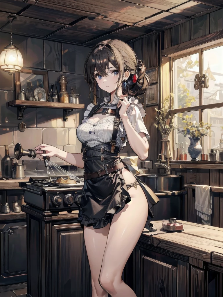 (fantasy:1.5),(anime,8k,masterpiece, top quality, best quality,beautiful and aesthetic:1.2,professional illustrasion:1.1,ultra detail:1.3,perfect lighting),extremely detailed,highest detailed,incredibly absurdres , highres, ultra detailed,intricate:1.6,(Alchemy Workshop:1.4),A girl mixing,Medicine in many small bottles,holding small potion,colorful:1.4,zentangle,(1girl),(girl),(Three kingdoms female warload),(highly detailed beautiful face and eyes,firm breasts),oily skin,((black,hair,short bob with short pony tail hair)),thin pubic hair,cute,lovely,34 years old,alchemist costume,Merchant's Clothing,smile,in the kitchen,smile,seductive weak smiling,(with sparkling eyes and a contagious smile),open mouth, Looking at Viewer,
