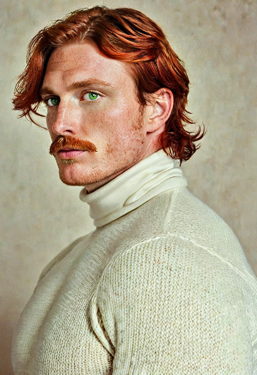 A photo of the face, Profile angle, of a white man, 2, high, shoulder length wavy red hair, green eyes, pointy brown mustache long enough to cover the upper lip, long mustache, long hair, wearing a white turtleneck sweater, freckled skin, serious expression, European appearance.