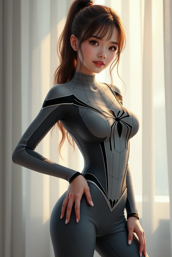 Beautiful asain girl
In spider man grey dress
Tight
Curvy body
Big boobs
