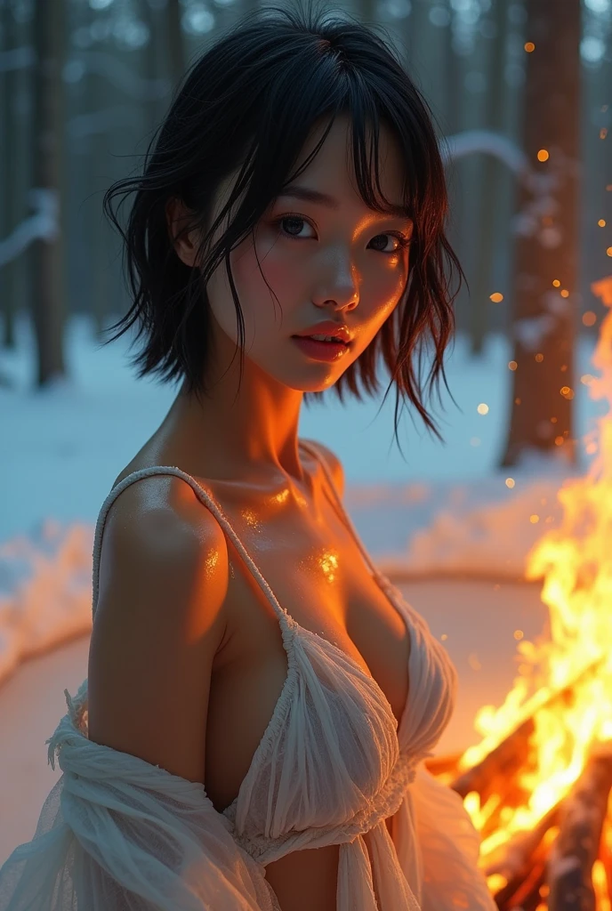 A beautiful female rogue, short black hair, D&D aesthetic, naked, high detail face, high detail skin, inside a thieve's hideout, lying on furs, wet skin, legs spread, wet hair, 8k, HDR, high resolution, photo-realistic, cinematic lighting, depth of field, bokeh, rim lighting, backlit, cool colours, night, from above