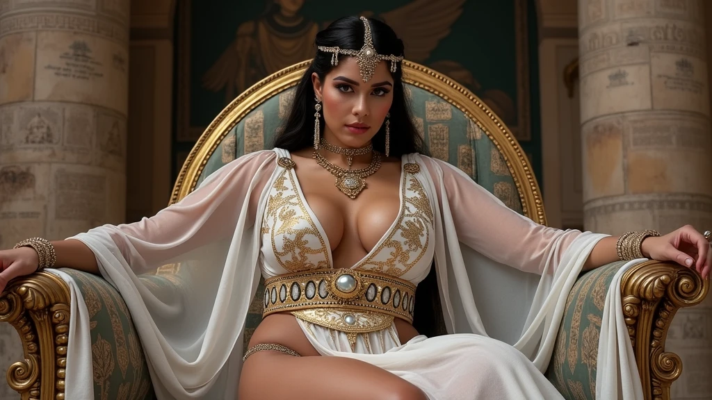 a beautiful Egyptian woman topless in thin gossamer robe ,beautiful belly breast , c cup breasts, in ancient Egyptian attire at a luxurious banquet in the ancient royal palace, elegant pose, The scene should be opulent and filled with intricate details , dim light atmosphere ,oil painting background