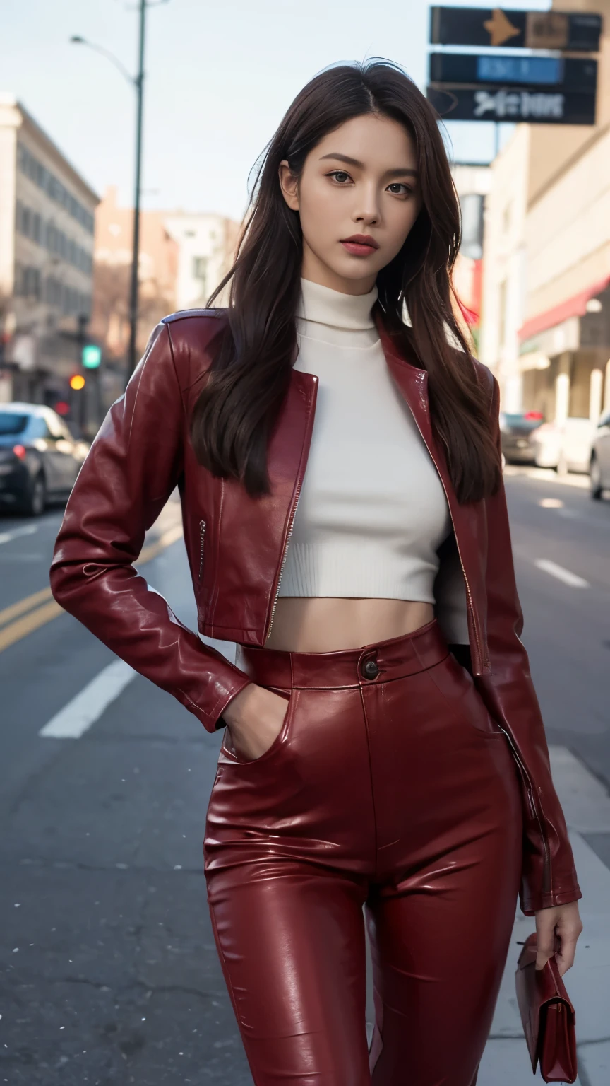 (((Carefully realistic depictions of limbs based on perfect anatomy))),Best Quality,Realistic,Front view,Christina TX on the streets of Los Angeles,(A blue-eyed female supermodel with a coke bottle body, slim waist and big hips), (The body-conscious wine red leather jacket and leather trousers look great on her.:1.3),From a distance, he walks towards me with his chin tucked in and his eyes looking up.,Enemy Aura,8K full-body shot from the front with a bird&#39;s-eye view,Deep depth of field for beautifully blurred background,Necklace and earrings,(Chestnut Hair), (Updo) (Bun Hair:1.1), Perfect Eyes, Sharp details, Detailed face, (Deep Focus), (Hard Lighting), (at night), (Realistic lighting:1.0),Close the front of the jacket,