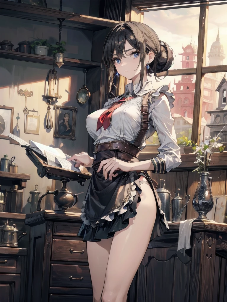 (fantasy:1.5),(anime,8k,masterpiece, top quality, best quality,beautiful and aesthetic:1.2,professional illustrasion:1.1,ultra detail:1.3,perfect lighting),extremely detailed,highest detailed,incredibly absurdres , highres, ultra detailed,intricate:1.6,(Alchemy Workshop:1.4),A girl mixing,Medicine in many small bottles,holding small potion,colorful:1.4,zentangle,(1girl),(girl),(Three kingdoms female warload),(highly detailed beautiful face and eyes,firm breasts),oily skin,((black,hair,short bob with short pony tail hair)),thin pubic hair,cute,lovely,34 years old,alchemist costume,Merchant's Clothing,smile,in the kitchen,smile,seductive weak smiling,(with sparkling eyes and a contagious smile),open mouth, Looking at Viewer,