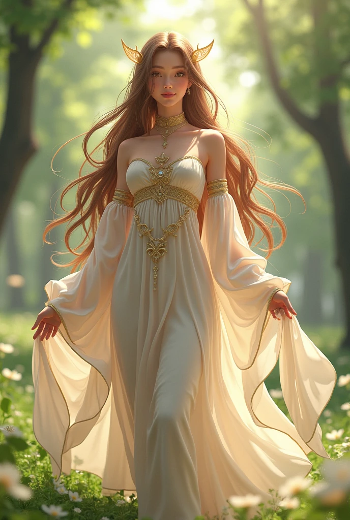 Kizi, long brown hair, Druid, forst, white gown, tails, blue colored eyes, especial effects, golden accessories, Linda, petals flying, jewelly