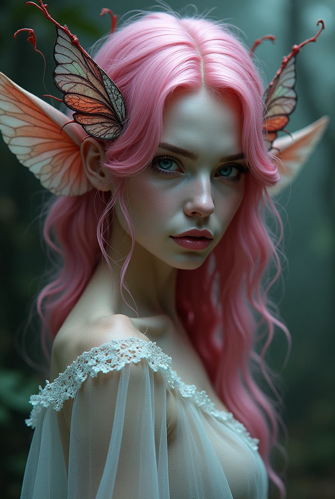 female fairy with curly pink, slightly ashy hair, pale skin color, Blue eyes, An insult, naked, dark fantasy character design, epic exquisite character art, dark fantasy art, with Freya Allan's appearance, dark fairy full view, Amazing character art. Dragonfly wings,