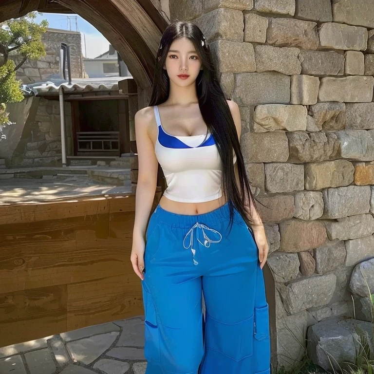 arafed woman in blue pants standing in front of a stone wall, korean women's fashion model, gorgeous young korean woman, bae suzy, red tank top and wide blue pants, wearing a sexy cropped top, she is wearing streetwear, bra and shorts streetwear, korean girl, beautiful south korean woman, instagram model, ulzzang, beautiful young korean woman, cute natural anime face, kawaii realistic portrait, Físico : el abdomen más pequeño jamás visto, jisoo from blackpink, popular south korean makeup, quality detailed ,(beautiful makeup :1.2), Wide hips, big, big ass, (best quality, 8K, masterpiece: 1.3), Clear focus: 1.2, Perfect body beauty: 1.4, strong abs, Very detailed face and skin texture. , detailed eyes, double eyelids, (long hair), having very marked curves, with greater volume in ((breasts))