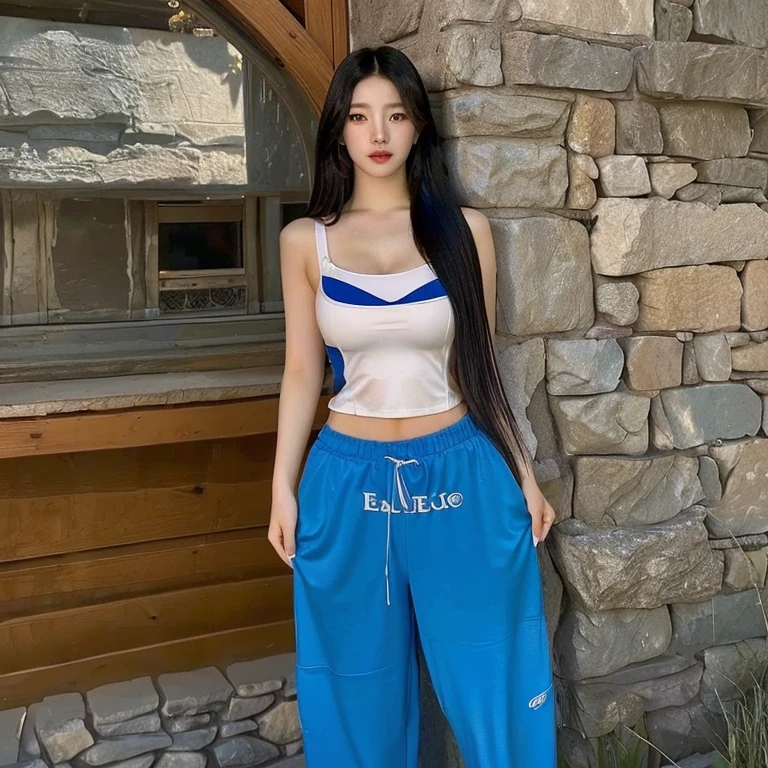 arafed woman in blue pants standing in front of a stone wall, korean women's fashion model, gorgeous young korean woman, bae suzy, red tank top and wide blue pants, wearing a sexy cropped top, she is wearing streetwear, bra and shorts streetwear, korean girl, beautiful south korean woman, instagram model, ulzzang, beautiful young korean woman, cute natural anime face, kawaii realistic portrait, Físico : el abdomen más pequeño jamás visto, jisoo from blackpink, popular south korean makeup, quality detailed ,(beautiful makeup :1.2), Wide hips, big, big ass, (best quality, 8K, masterpiece: 1.3), Clear focus: 1.2, Perfect body beauty: 1.4, strong abs, Very detailed face and skin texture. , detailed eyes, double eyelids, (long hair), having very marked curves, with greater volume in ((breasts))