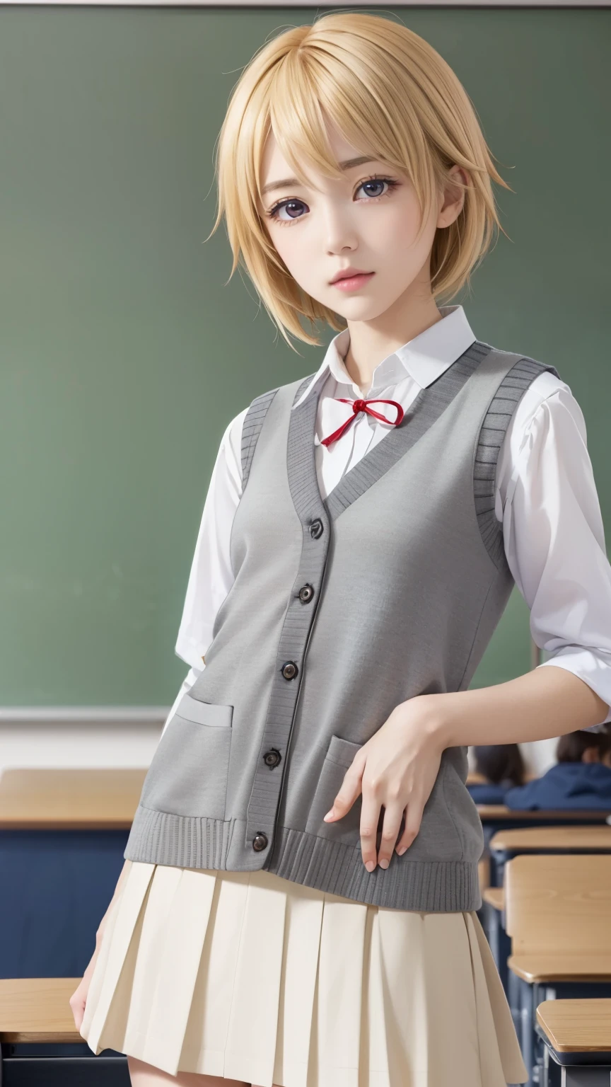 (masterpiece, best quality, high resolution, 8k:1.2), unity 8k wallpaper, (beautiful detailed eyes:1.2), highly detailed face, perfect lighting, highly detailed CG, (perfect hands, perfect anatomy), charlotte dunois, charlotte dunois, short hair, blonde, (tiny:1.5),(purple eyes:1.1), (, female, cute, white half blouse, ivory knit vest, gray pleated skirt, flat chest, slim, classroom),
looking at the viewer, (cowboy shot:1.2), dutch angle,