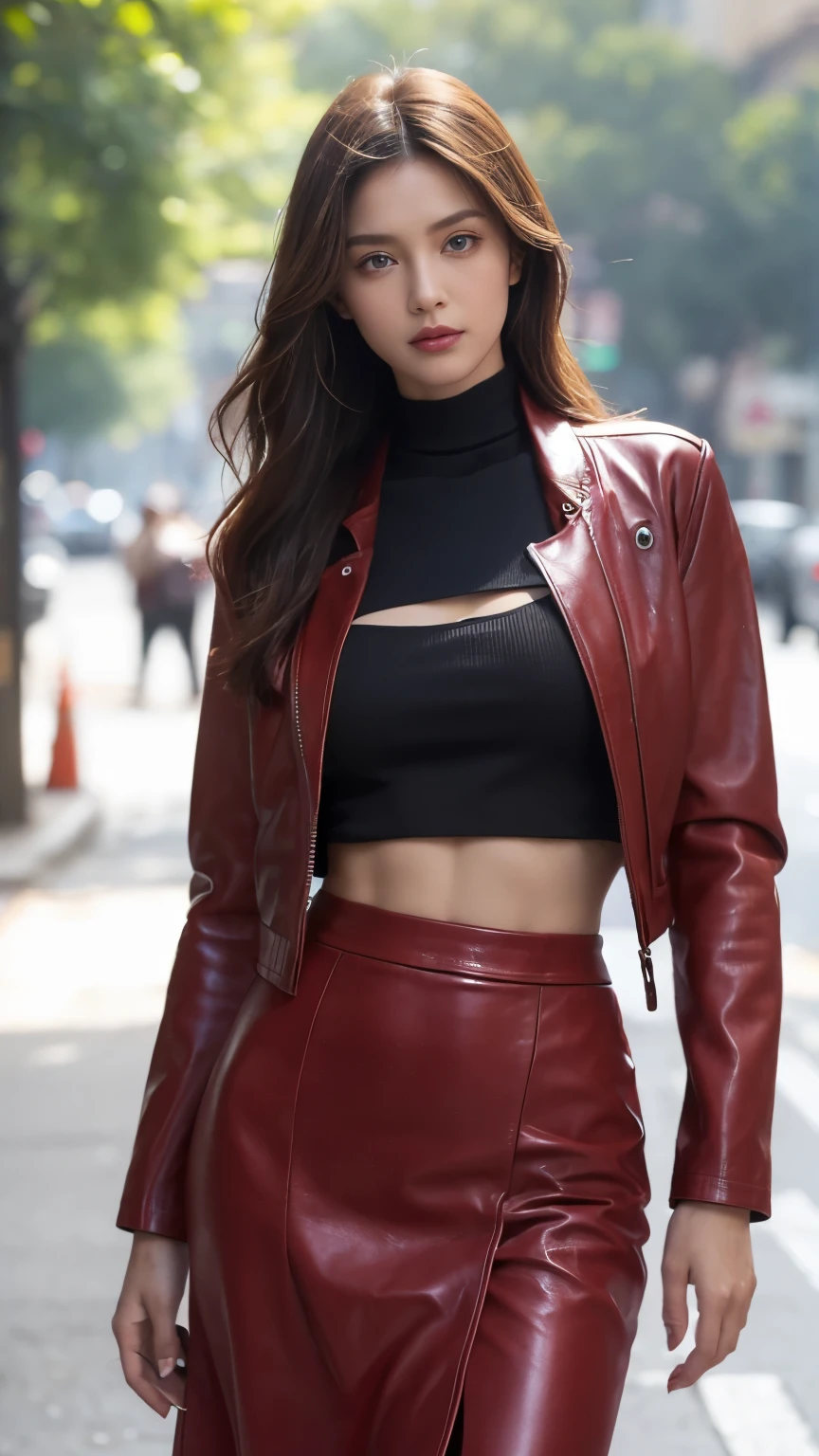 (((Carefully realistic depictions of limbs based on perfect anatomy))),Best Quality,Realistic,Front view,Christina TX on the streets of Los Angeles,(A blue-eyed female supermodel with a coke bottle body, slim waist and big hips), (The body-conscious wine red leather jacket and long leather skirt look great on her.:1.3),There is a slit,From a distance, he walks towards me with his chin tucked in and his eyes looking up.,Enemy Aura,8K full-body shot from the front with a bird's-eye view,Deep depth of field for beautifully blurred background,Necklace and earrings,(Chestnut Hair), (Updo) (Bun Hair:1.1), Perfect Eyes, Sharp details, Detailed face, (Deep Focus), (Hard Lighting), (Nighttime photography),The contrast between moonlight and darkness is beautiful., (Realistic lighting:1.0),Close the front of the jacket,