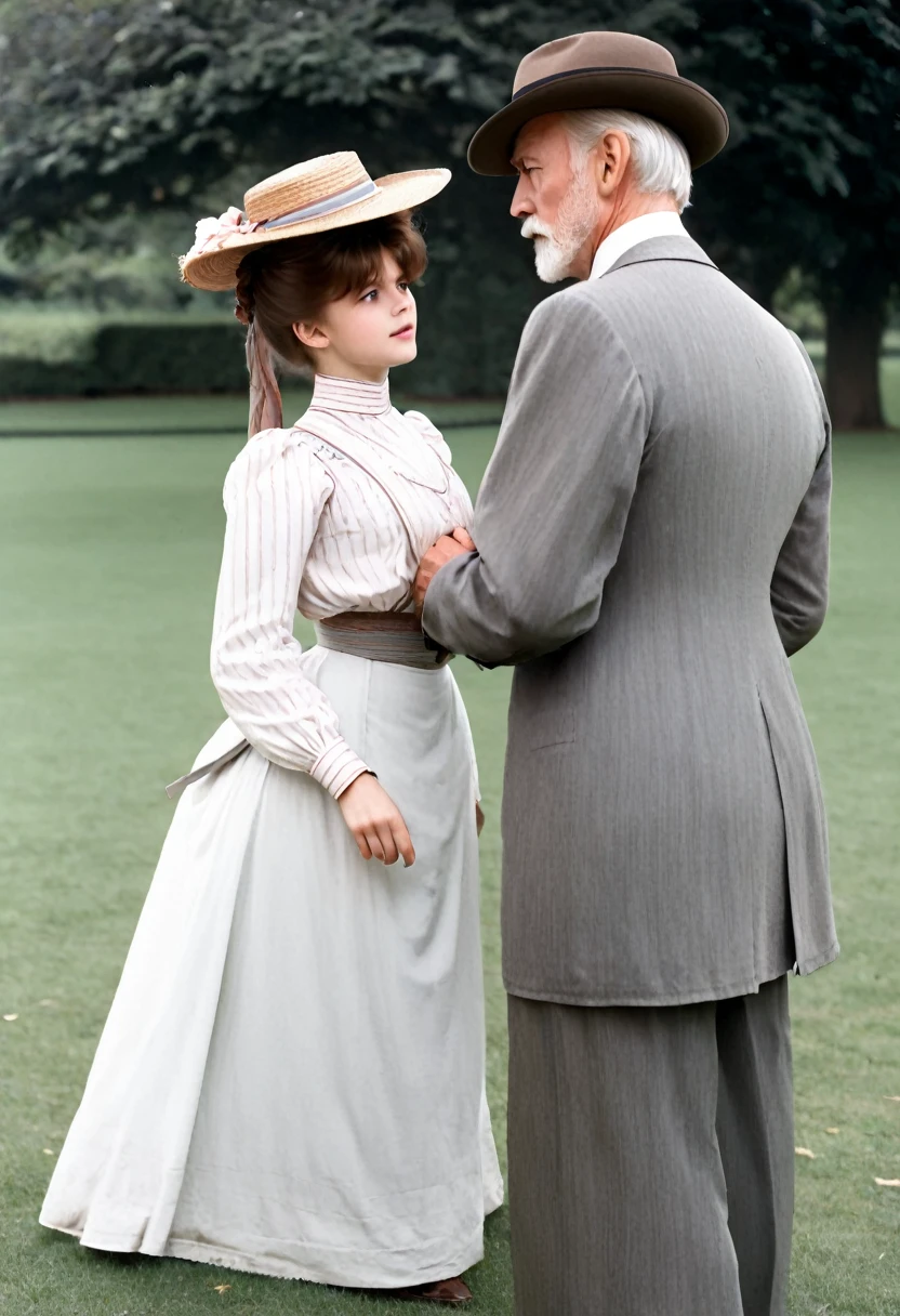 A gorgeous **** Gibson Girl (((groped from behind by a large horny 69yo gentleman))) in a park. Year 1902. (((1900_dr3ss))). Short girl with an hourglass figure wearing an elegant Edwardian outfit consisting of a high-collar long sleeve shirtwaist, long skirt and a wide-brimmed hat, large tits, wasp waist, massive ass. Man wearing a three-piece suit. (((Young girl and old man. Man taller than girl)))