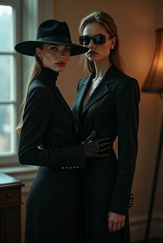 Three stunning Danish cool models in the style of Helmut Newton, elegant, poised, tall and hour-glass-figure, 25, 22 and 21 years. long Platin blond hair in long ponytails and hairbun in great details. blue eyes. Their smokey eye makeup enhanced by red lips in great details. Standing on yacht.  black long gloves, captured in full-figure picture , showing of their long  perfect thin legs and feet in heels  from louboutin.  black  short pencilshaped skirts and jackets. showing off cleavage and round firm breasts. wearing sheer black pantyhoses Standing in a flirting  pose , one looking over her shoulder .looking down at camera with their cool , Dominant, superior and rich  attitude looking direct down to camera. 