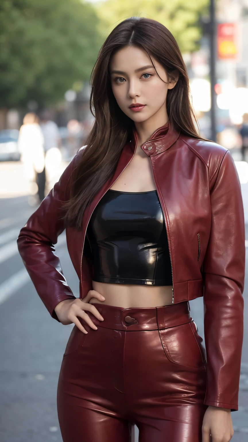 (((Carefully realistic depictions of limbs based on perfect anatomy))),Best Quality,Realistic,Front view,Christina TX on the streets of Los Angeles,(A blue-eyed female supermodel with a coke bottle body, slim waist and big hips), (The body-conscious wine red leather jacket and leather trousers look great on her.:1.3),From a distance, he walks towards me with his chin tucked in and his eyes looking up.,Enemy Aura,8K full-body shot from the front with a bird's-eye view,Deep depth of field for beautifully blurred background,Necklace and earrings,(Chestnut Hair), (Updo) (Bun Hair:1.1), Perfect Eyes, Sharp details, Detailed face, (Deep Focus), (Hard Lighting), (at night), (Realistic lighting:1.0),Close the front of the jacket,