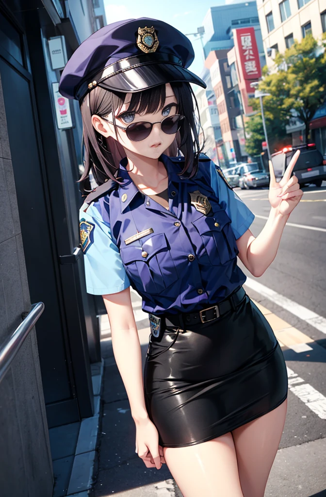 (Police Officer、Black tight skirt、Women&#39;s black short boots:1.4))、Beauty、Spread your legs:1.6、I see your white pants:1.6、smile、((From below:1.4))