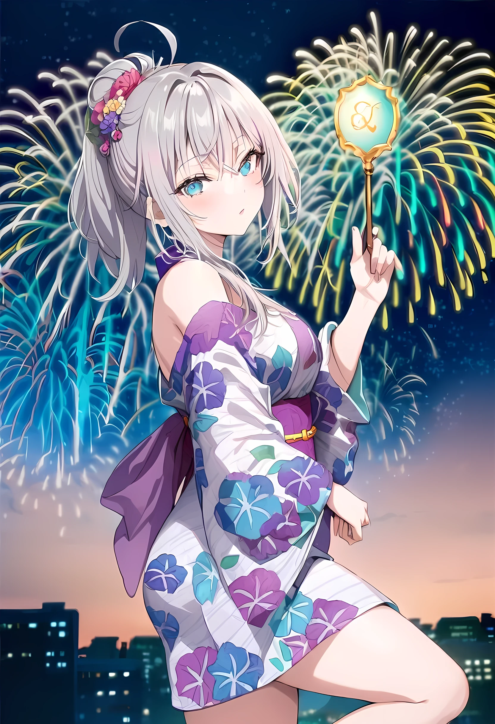 A beauty, best quality, masterpiece, super clear, full body shot, Alya, anime style, posing cutely, holding a light sign with the word Flux on it, fireworks blooming behind her at night, colorful, wearing purple kimono, exquisite dress , Makoto Shinkai style