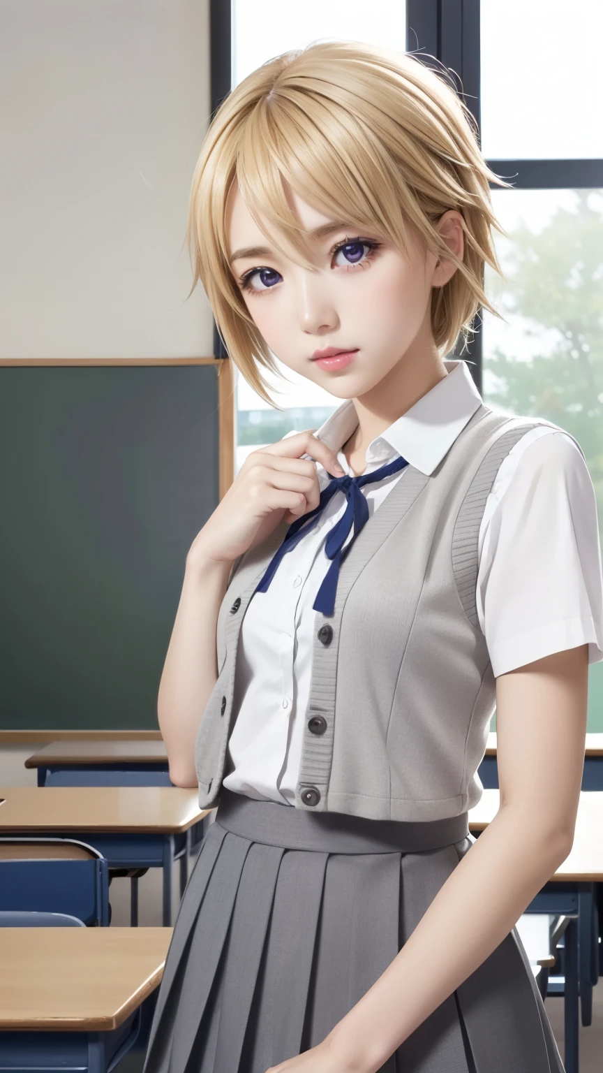 (masterpiece, best quality, high resolution, 8k:1.2), unity 8k wallpaper, (beautiful detailed eyes:1.2), highly detailed face, perfect lighting, highly detailed CG, (perfect hands, perfect anatomy), charlotte dunois, charlotte dunois, short hair, blonde, 1 girl, , , petitpurple eyes:1.1), (Elementa, cute, white half blouse, ivory knit vest, gray pleated skirt, flat chest, slim, classroom),
looking at the viewer, (cowboy shot:1.2), dutch angle,