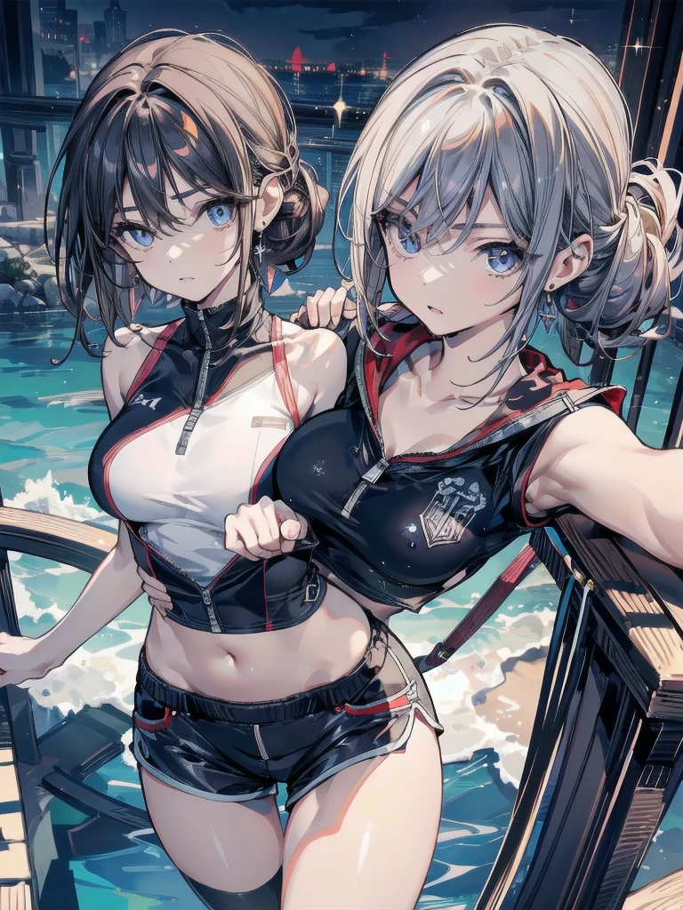 NSFW, (4+girls:1.5), (nude), tanned skin, dark tanned skin, oil, (muscular:0.7), thin waist, (abs:1.3), tan lines, medium breast, dynamic poses, lesbian interactions, sexual interactions, girls playing together, removing clothes, strip tease, sexual tension, squeezing boobs, grabbing ass, masterpiece, top quality, ultra high definition, highest resolution, very detailed, perfect face, professional lighting, clean skin, CG illustration, slender, very cute, young face, underboob, cleavage, lower breast, wet body, (breasts out:1.4), different hair colors, short hair, pixie haircut, semi-long hair, different hair cuts, hair ribbon, blush, navel, point of view from behind, from below, wet body, (breasts out: 1.4), (plastic bag 1.2), transparent swimsuit, pool, cyberpunk, cyberpunk background, neons, blue and purple lights, (wind: 1.3), girls playing behind, showing ass, perfect ass, black necklace choker, nude, naked, lifting jacket, saturated colors