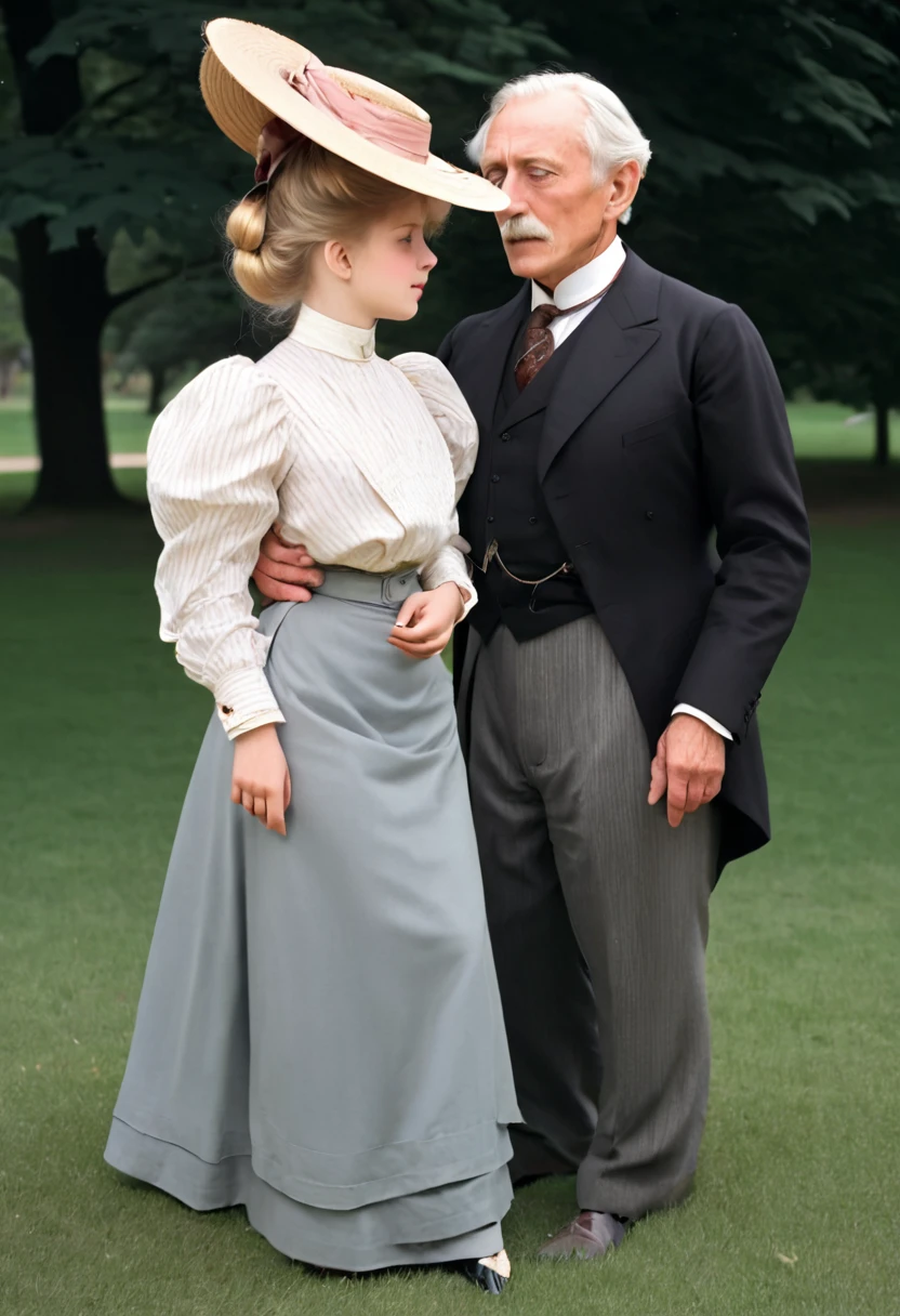 A gorgeous yo blonde Gibson Girl bimbo (((fondled by a large horny 69yo gentleman))) in a park. Year 1902. (((1900_dr3ss))). Short girl with an hourglass figure wearing an elegant Edwardian outfit consisting of a high-collar long sleeve shirtwaist, long skirt and a wide-brimmed hat, large tits, wasp waist, massive ass. Man wearing a three-piece suit. (((Young girl and old man. Man taller than girl)))