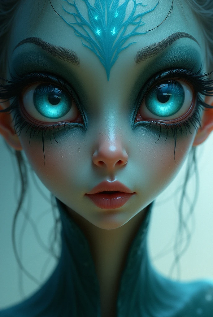 White-skinned alien woman with huge blue and yellow spots all over her body. and yellow eyes, with a Cerio face and hair as dark as coal, positioned at a thirty degree angle facing the fourth screen on another planet