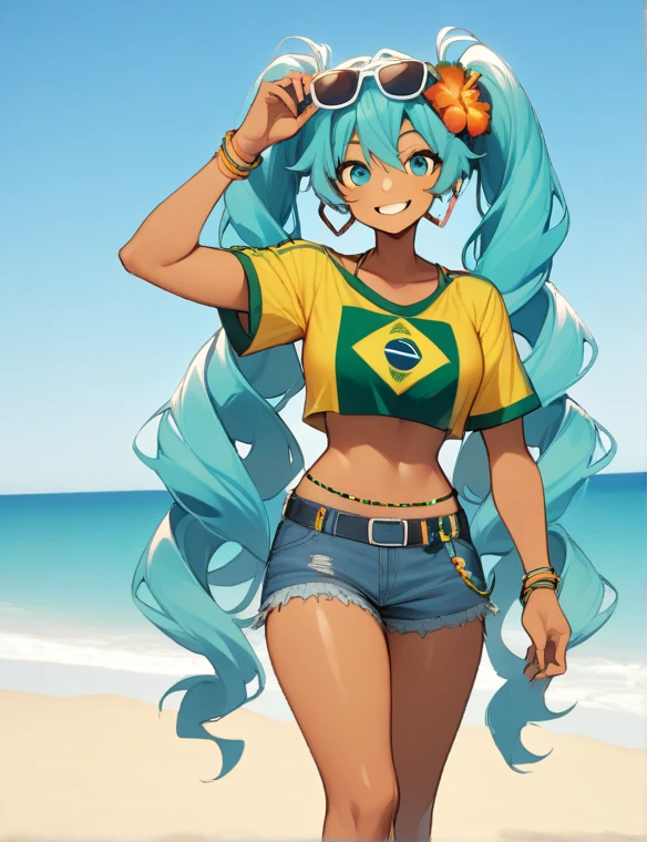  "A cheerful and vibrant Brazilian version of Hatsune Miku standing on the beach. She has long hair with two aqua colored pigtails., Tanned skin with visible tan lines and wearing a tight yellow crop top with the Brazilian flag on it showing off her dark navy bikini. He also wears worn denim shorts and holds a can of Guaraná Antarctica in one hand.. Miku is smiling and wearing sunglasses on her head, along with an ankle bracelet with a green-white pattern as well as a hip belt with the same pattern, yellow with a tropical flower in her hair and at least four gold bracelets on both arms. The background features a sunny beach with a clear blue sky and palm trees.."
