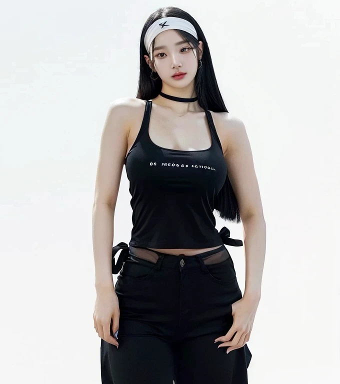 arafed woman in black top and black pants with headband, black halter top, t-top, she is wearing a black tank top, jia, gongbi, wearing a black cropped tank top, cruel korean goth girl, wearing a cropped black tank top, official product photo, ji-min, wearing black camisole outfit, photo of slim girl model, cute natural anime face, kawaii realistic portrait, Físico : el abdomen más pequeño jamás visto, jisoo from blackpink, popular south korean makeup, quality detailed ,(beautiful makeup :1.2), Wide hips, big, big ass, (best quality, 8K, masterpiece: 1.3), Clear focus: 1.2, Perfect body beauty: 1.4, strong abs, Very detailed face and skin texture. , detailed eyes, double eyelids, (long hair), having very marked curves, with greater volume in ((breasts))