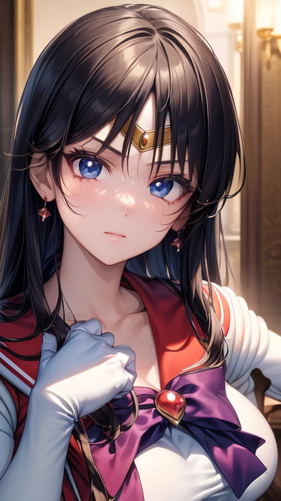 (masterpiece:1.2), best quality, High resolution, unity 8k wallpaper, (illustration:0.8), (beautiful detailed face:1.2, beautiful detailed eyes:1.2), Perfect lighting, extremely detailed CG, (perfect hands, perfect anatomy), 

cute, beautiful, charming lady, shiny hair, 光沢のaる肌, 
Mature Woman, married woman, soft With a gentle appearance and a gentle mother-like atmosphere,


mars_a, tiara, jewelry, earrings, black hair, straight long hair, big breasts, sailor senshi uniform, Red Skirt, red sailor collar, Knee Boots, Red choker, White elbow gloves,